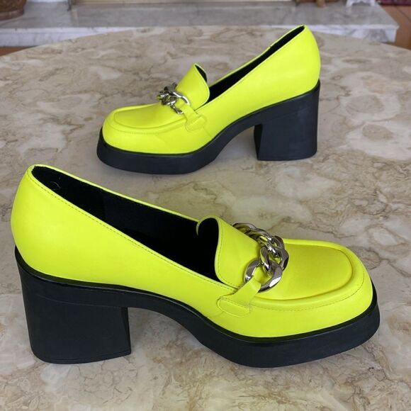 Call It Spring Noella Chain Platform Neon Green Vegan Leather Chunky Loafers - Picture 6 of 13